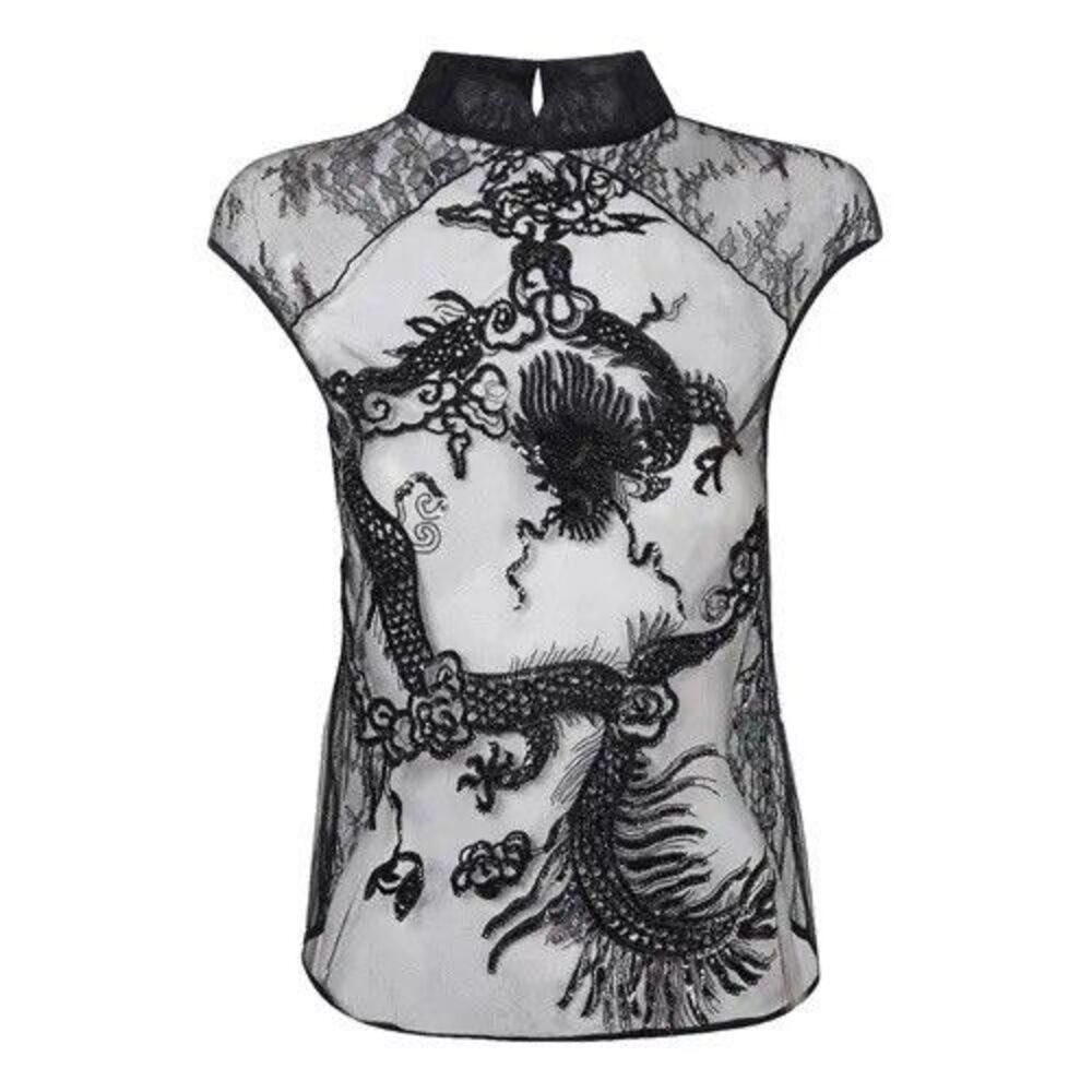 Kim Shui Beaded Dragon Lace Top Size M Black Sheer Mesh Y2K Style Open Back Tie - Picture 2 of 16